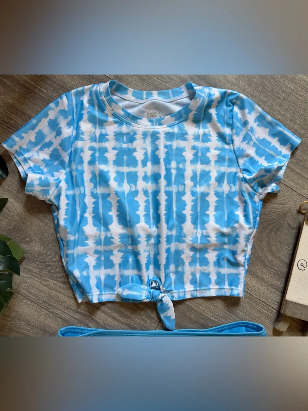 Wonder Nation Blue Tie Front Tie-Dye Crop Swim Top & Solid Bottom Size L 10-12